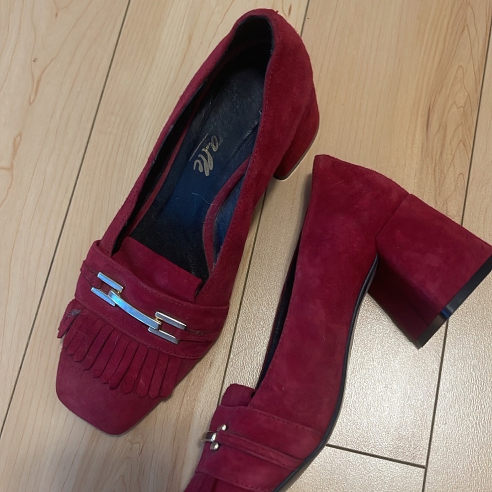 Red suede heeled loafers